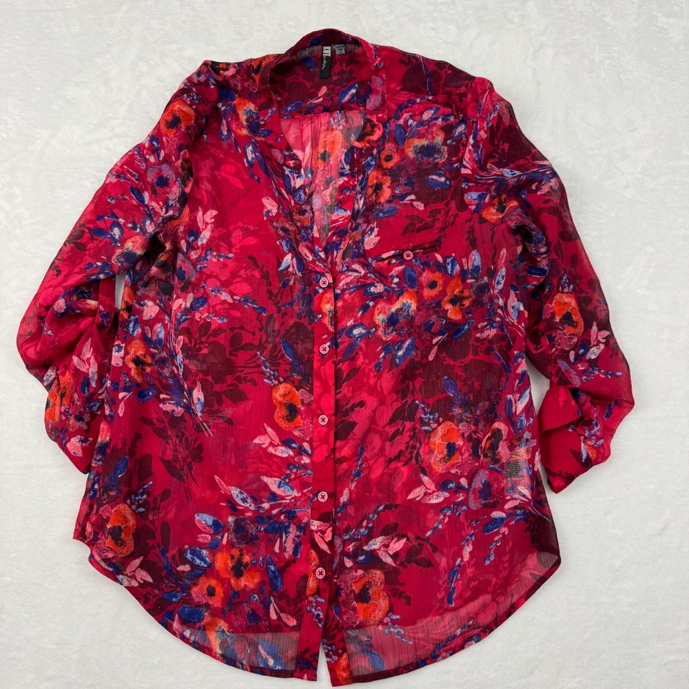 KUT from the Kloth Womens Large Petite Red Floral Sheer Button Front Blouse